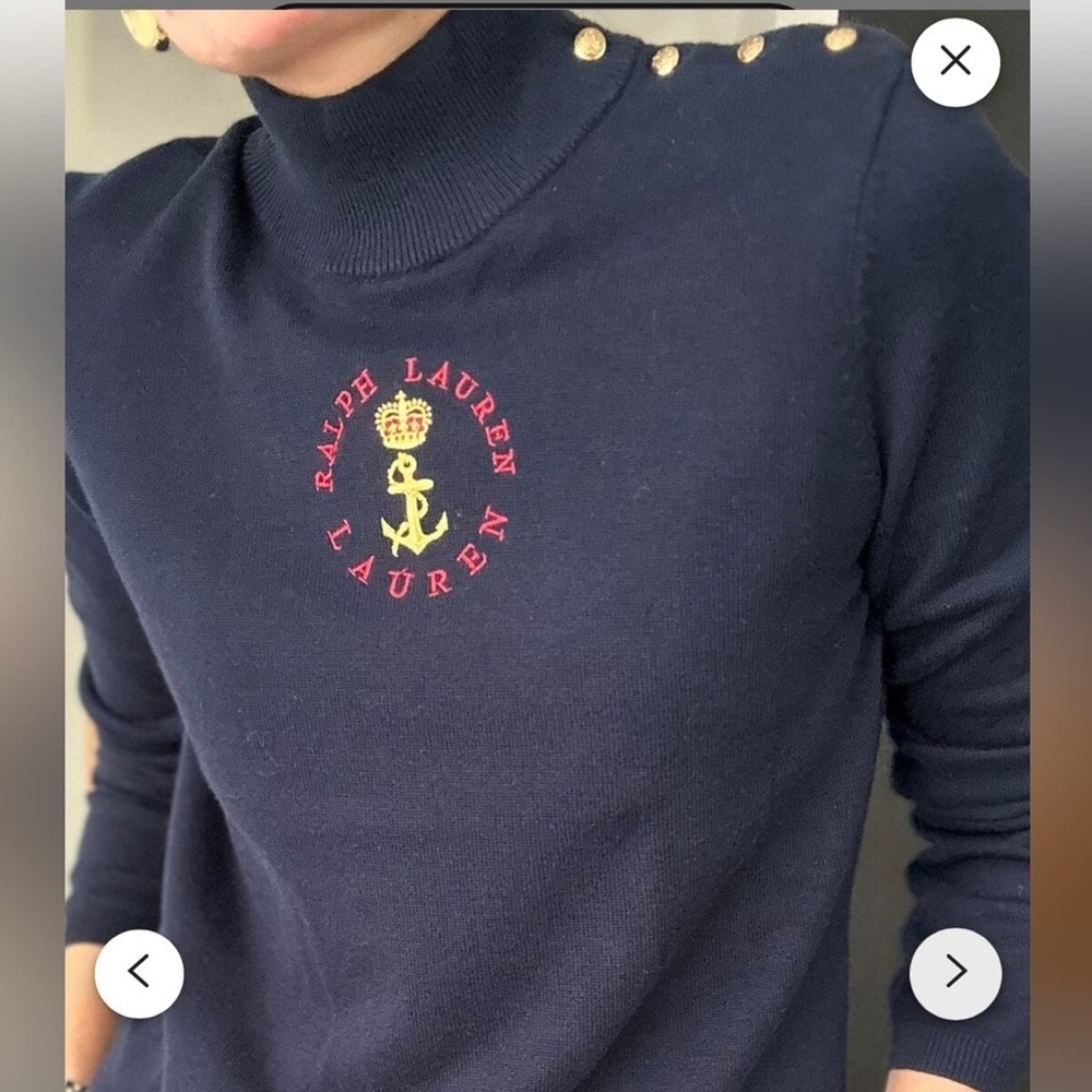 Lauren Ralph Lauren Navy Sweater with Gold Buttons and Red/Yellow Crest